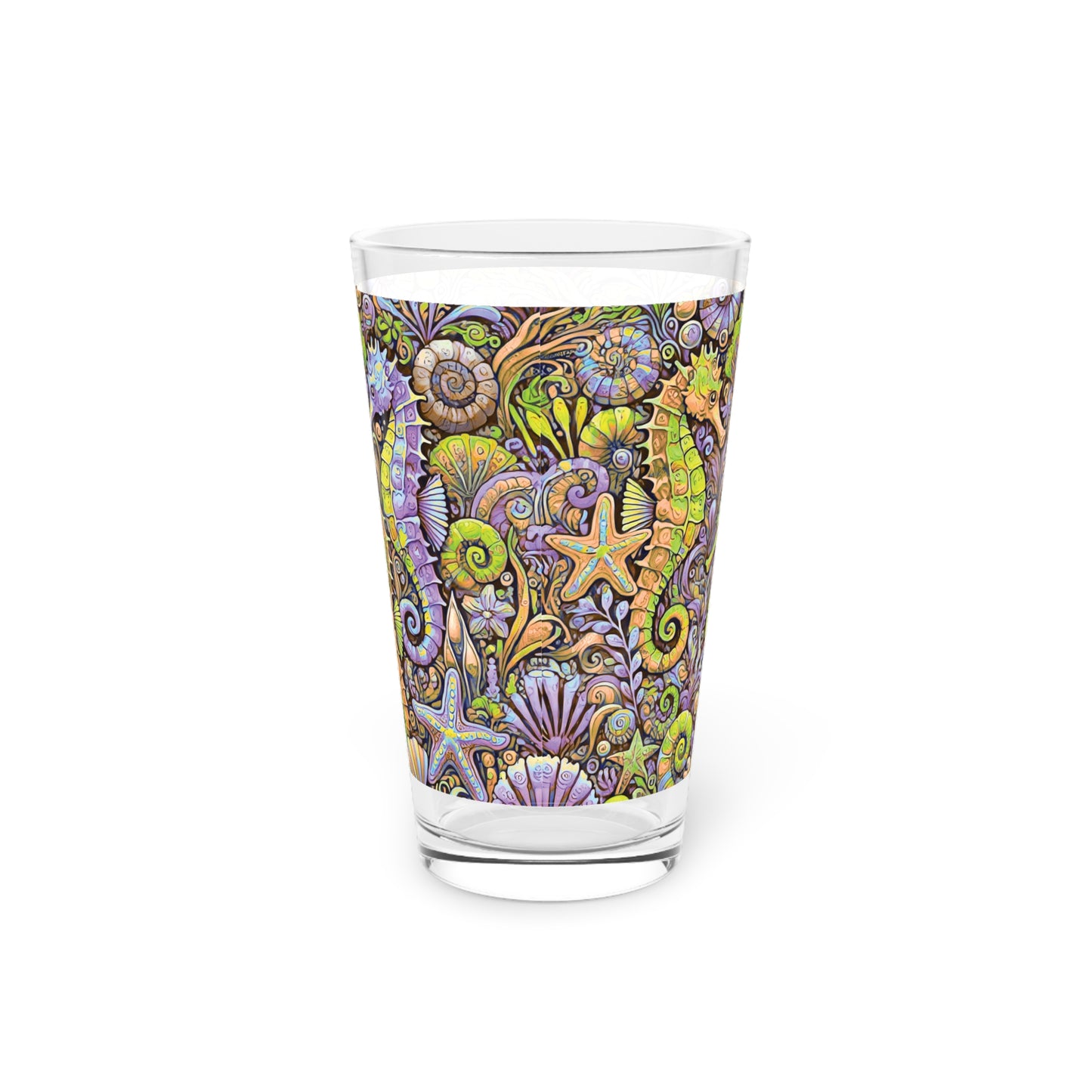 Pint Glass, 16oz - Seahorse Trio Yellow/Purple