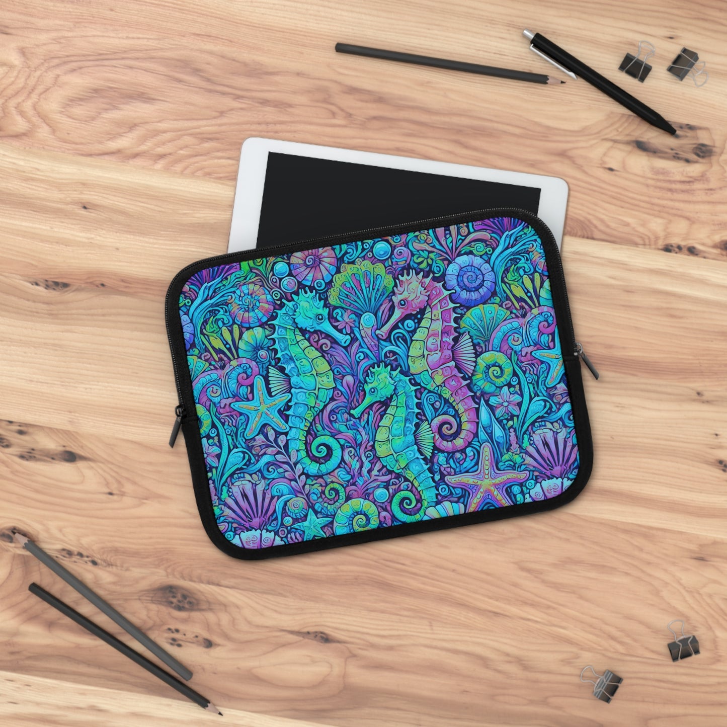 Tropical Laptop Sleeve, 5 Sizes - Perfect for Beach Lovers & Students / Seahorses, Turquoise POP