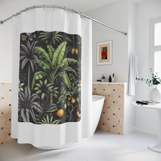 Palm Tree Shower Curtain - Ocean Bathroom Decor / Tropical Fruit/Black, White
