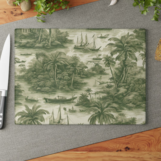 Glass Cutting Board, 2 sizes - Tropical Toile #1, green