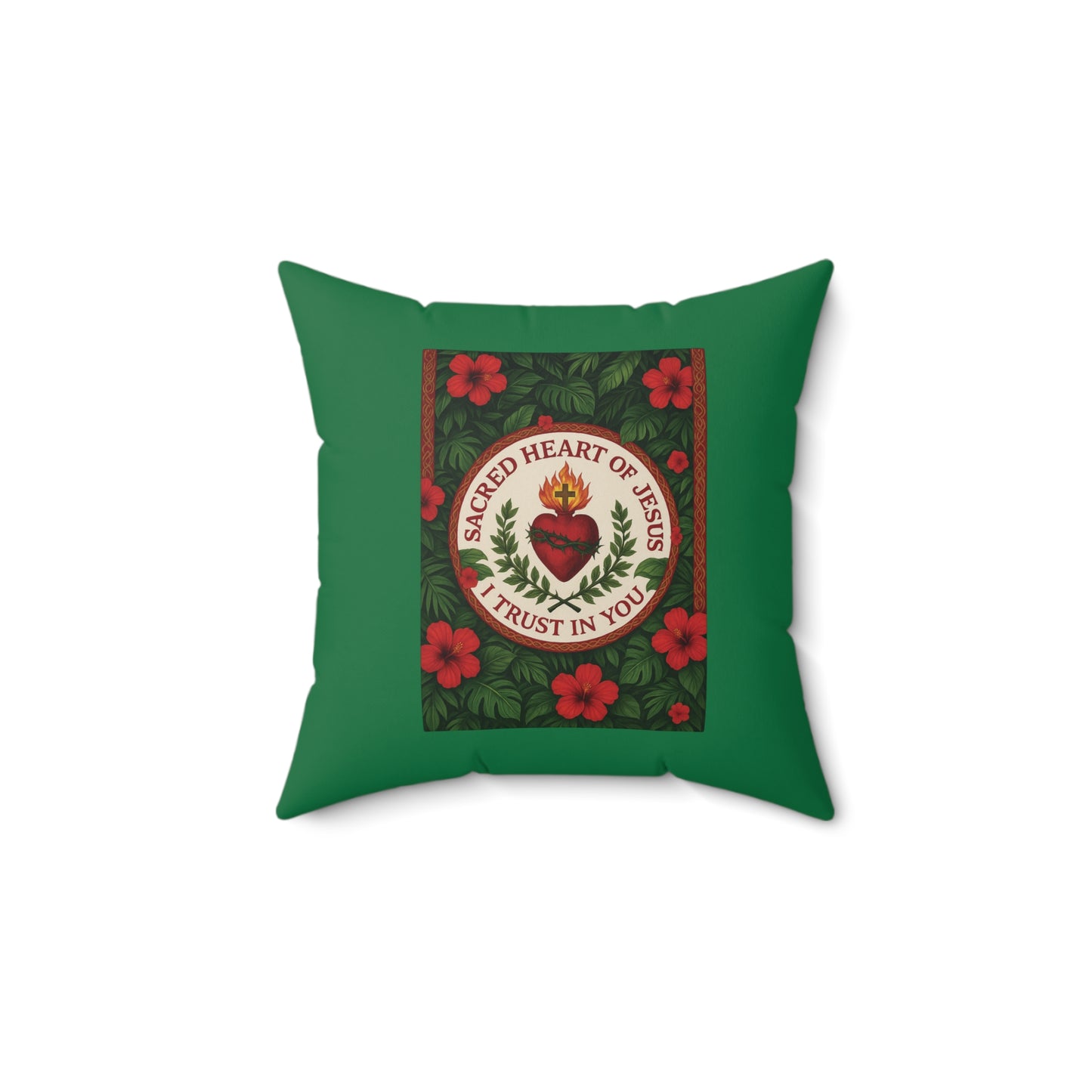 Religious Decorative Pillow - Accent Cushion, 4 Sizes / Sacred Heart of Jesus Prayer, Dark Green