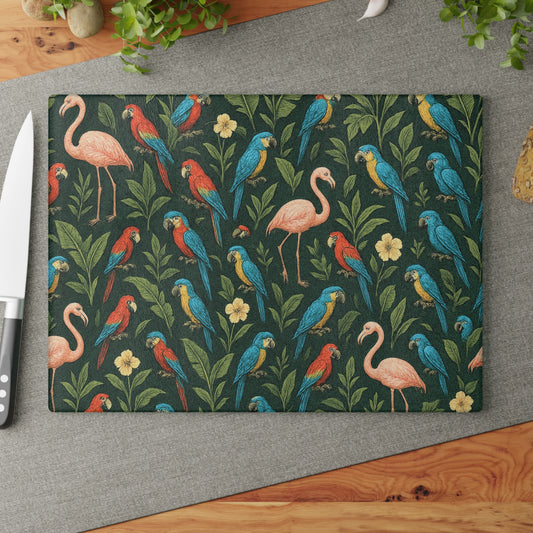Glass Cutting Board, 2 sizes - Flamingos and Parrots