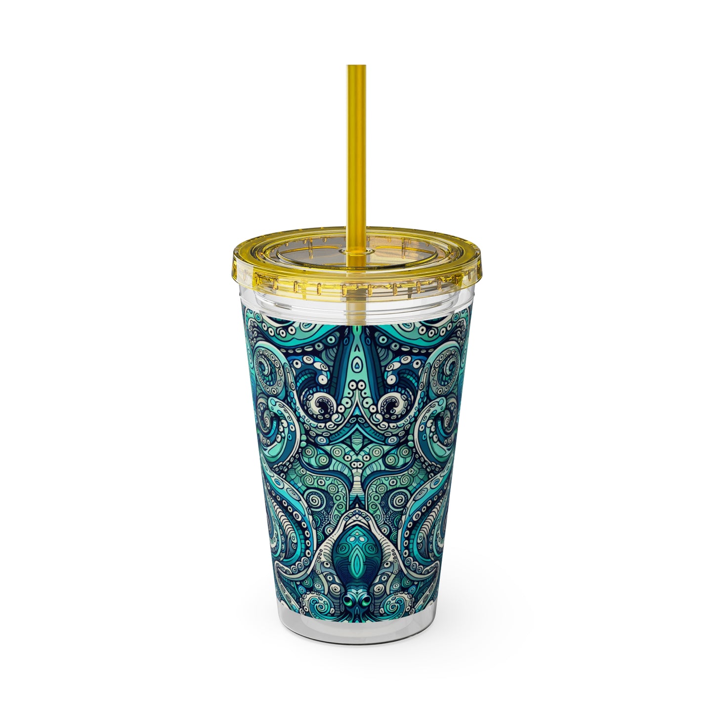 Tropical Tumbler with Straw | 16oz Colorful Travel Cup / Aqua Octopus