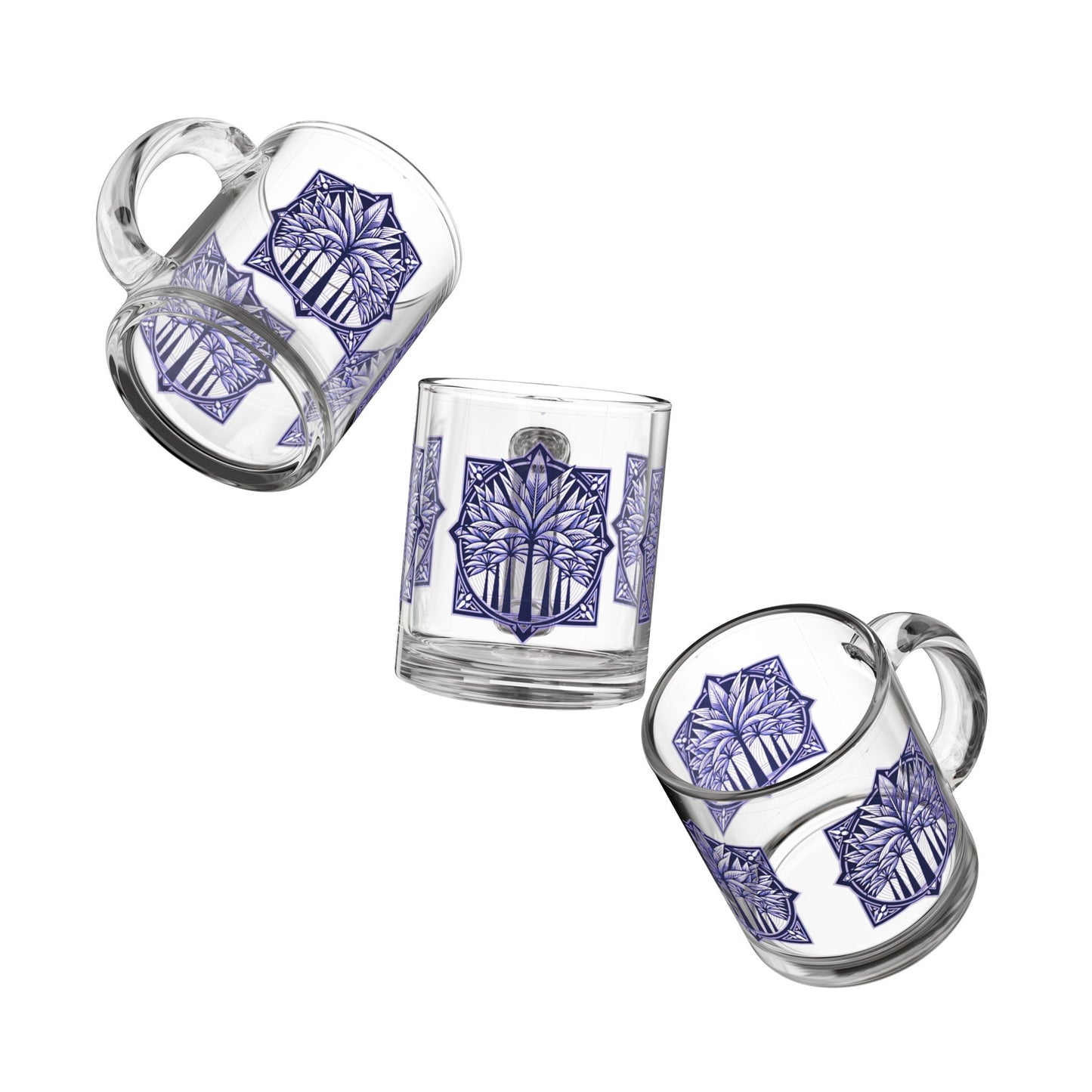 Tropical Glass Mug - 10oz Coffee Cup / Deco Palm, Purple