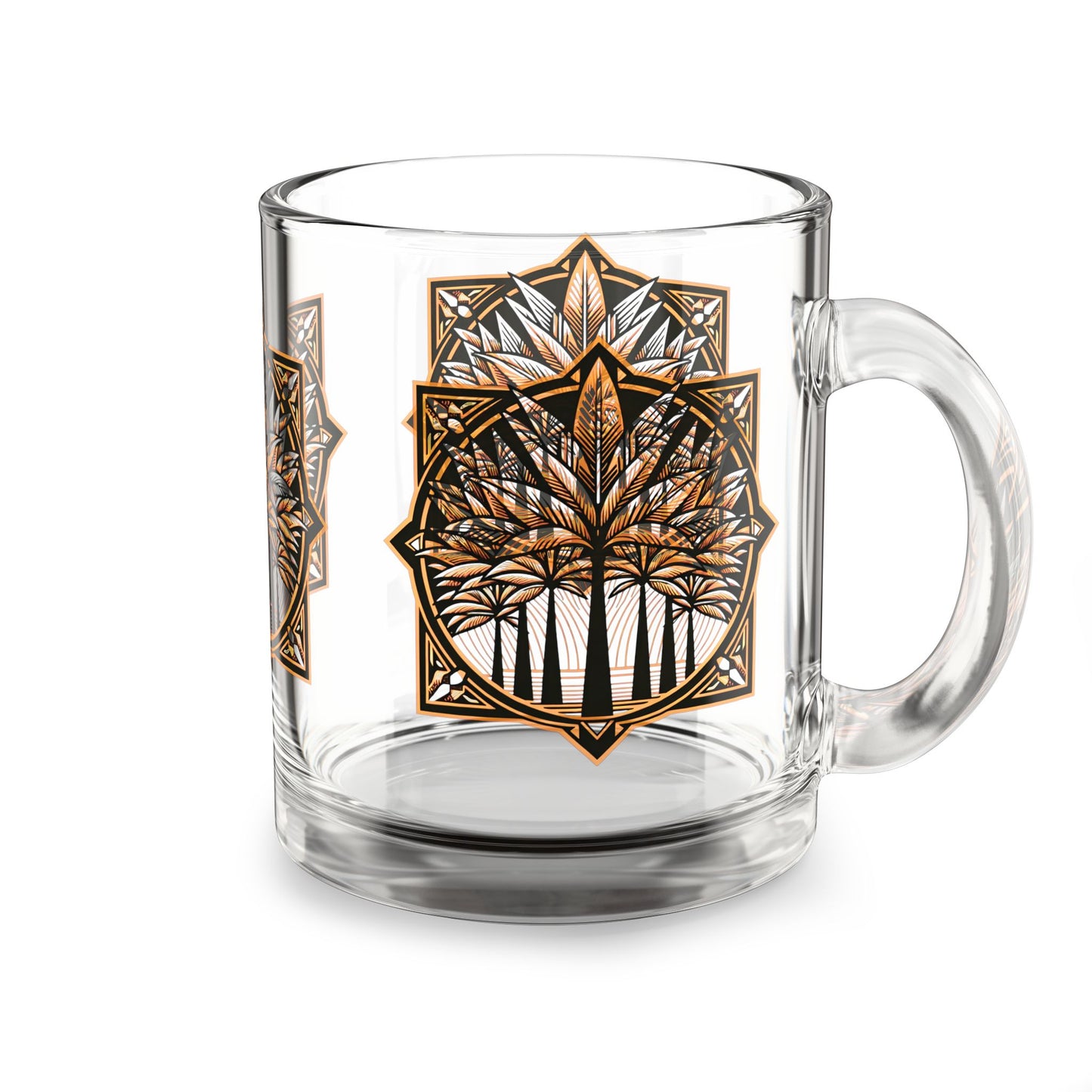 Tropical Glass Mug - 10oz Coffee Cup / Deco Palms, Cinnamon