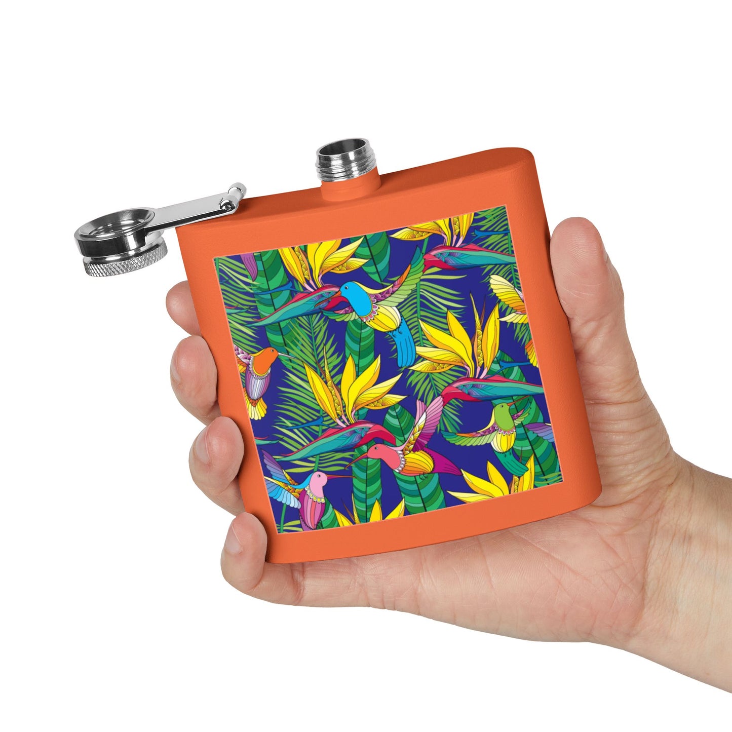 Tropical Stainless Steel 6 oz. Flask, Many Colors  – Bird of Paradise Toile