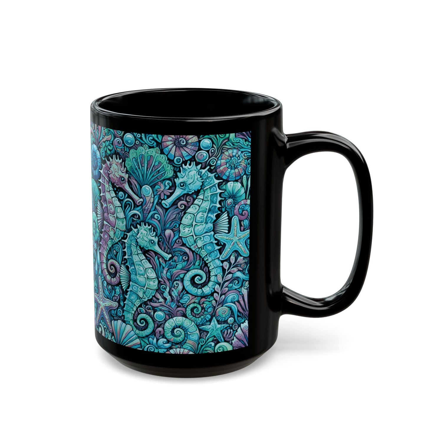 Black Coffee Mug - Seahorse Party, Turquoise