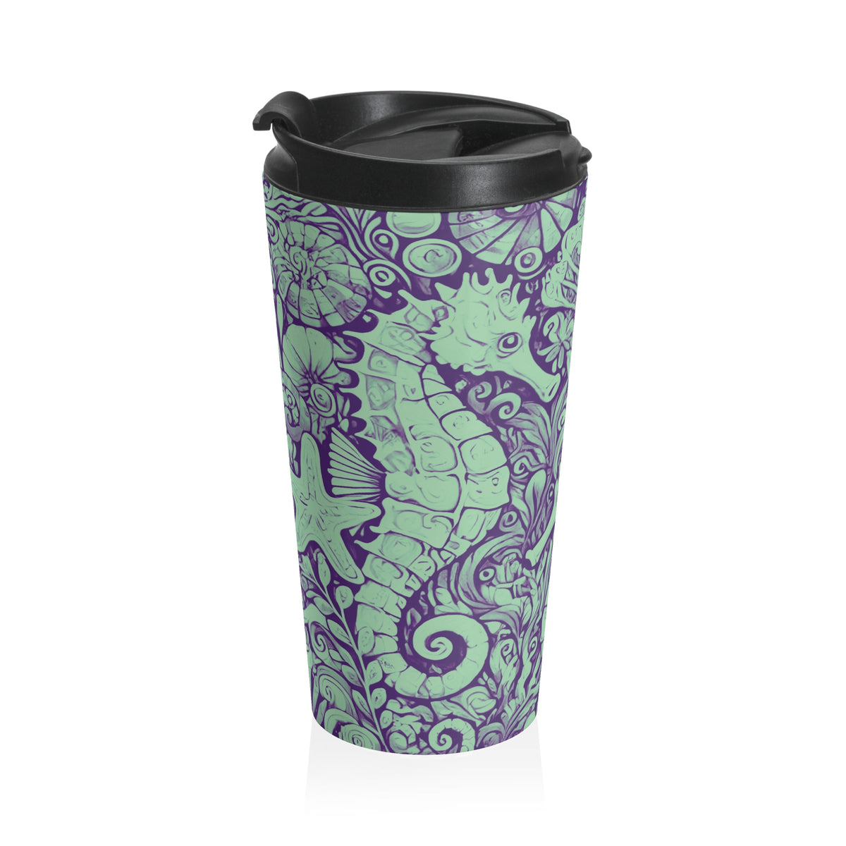 15 oz. Stainless Steel Travel Mug / Seahorse Trio, Mint Green