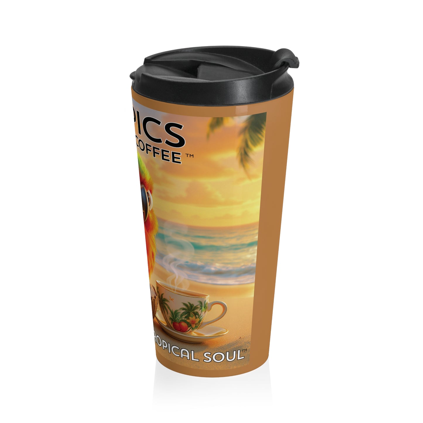 15 oz. Stainless Steel Travel Mug / Parrot Tiki on Beach