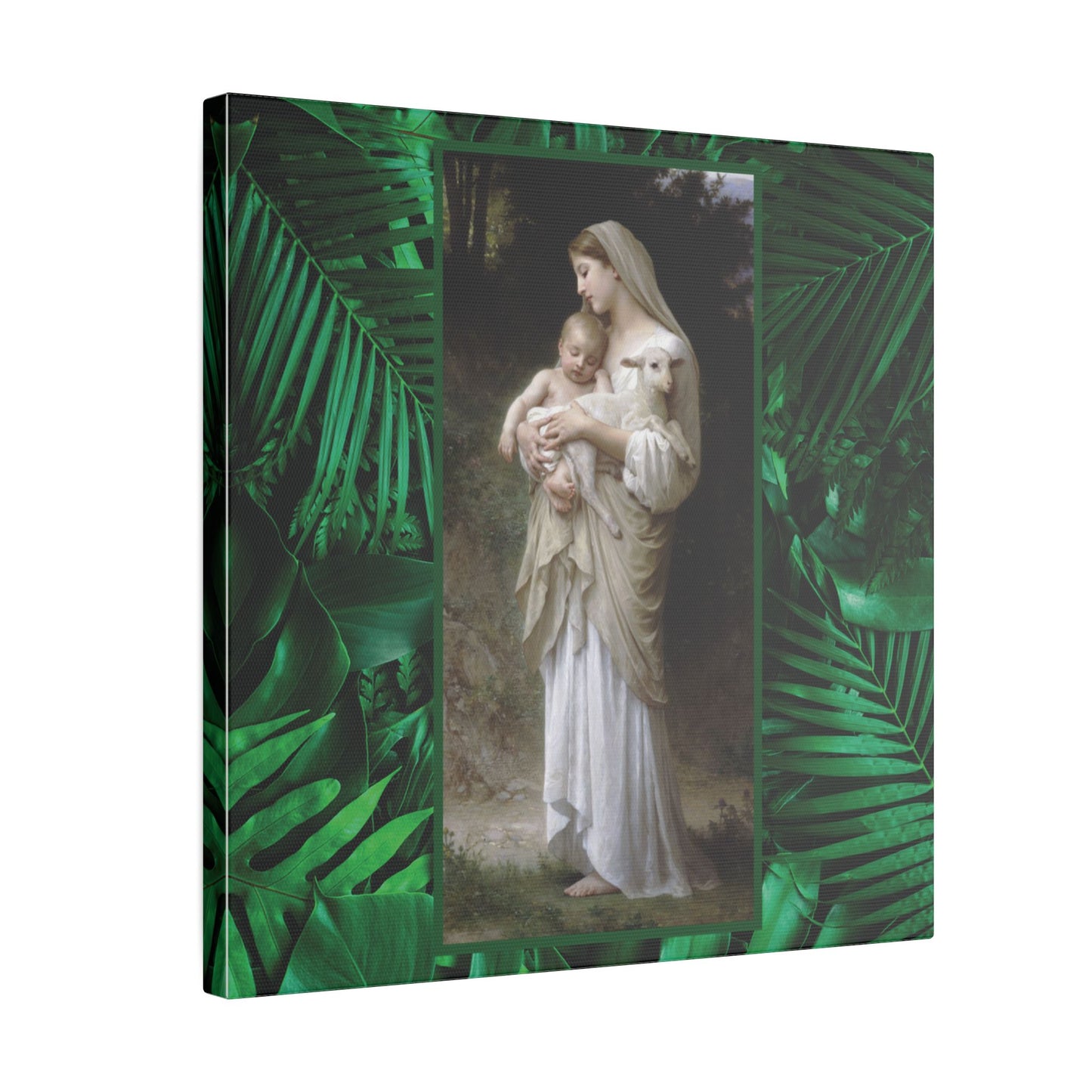 "Tropical Rainforest Innocence" Religious Canvas Artwork - Stretched Canvas Print / Virgin Mary & Jesus