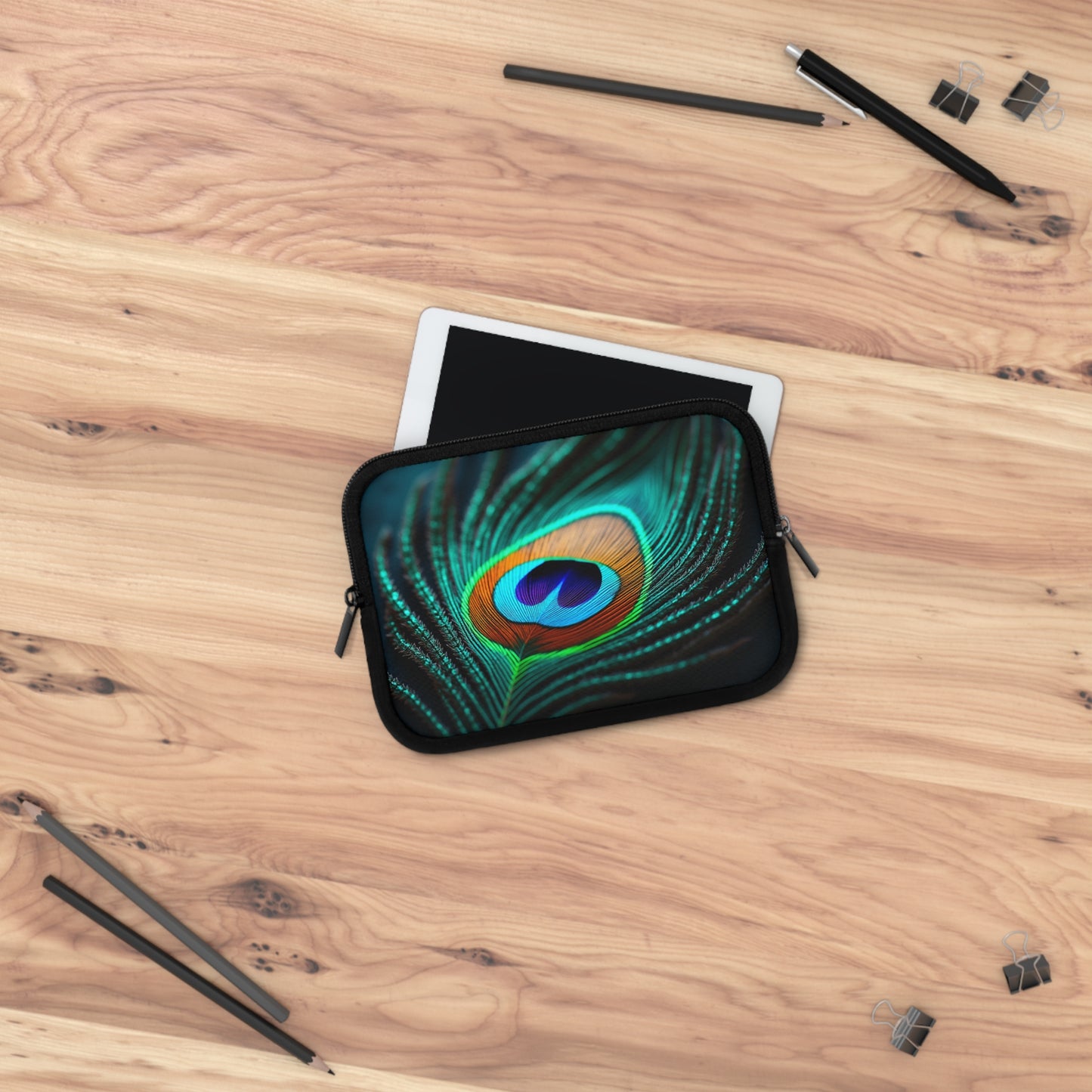 Tropical Laptop Sleeve, 5 Sizes - Perfect for Rainforest Lovers & Students / Peacock Eye Feather, Turquoise