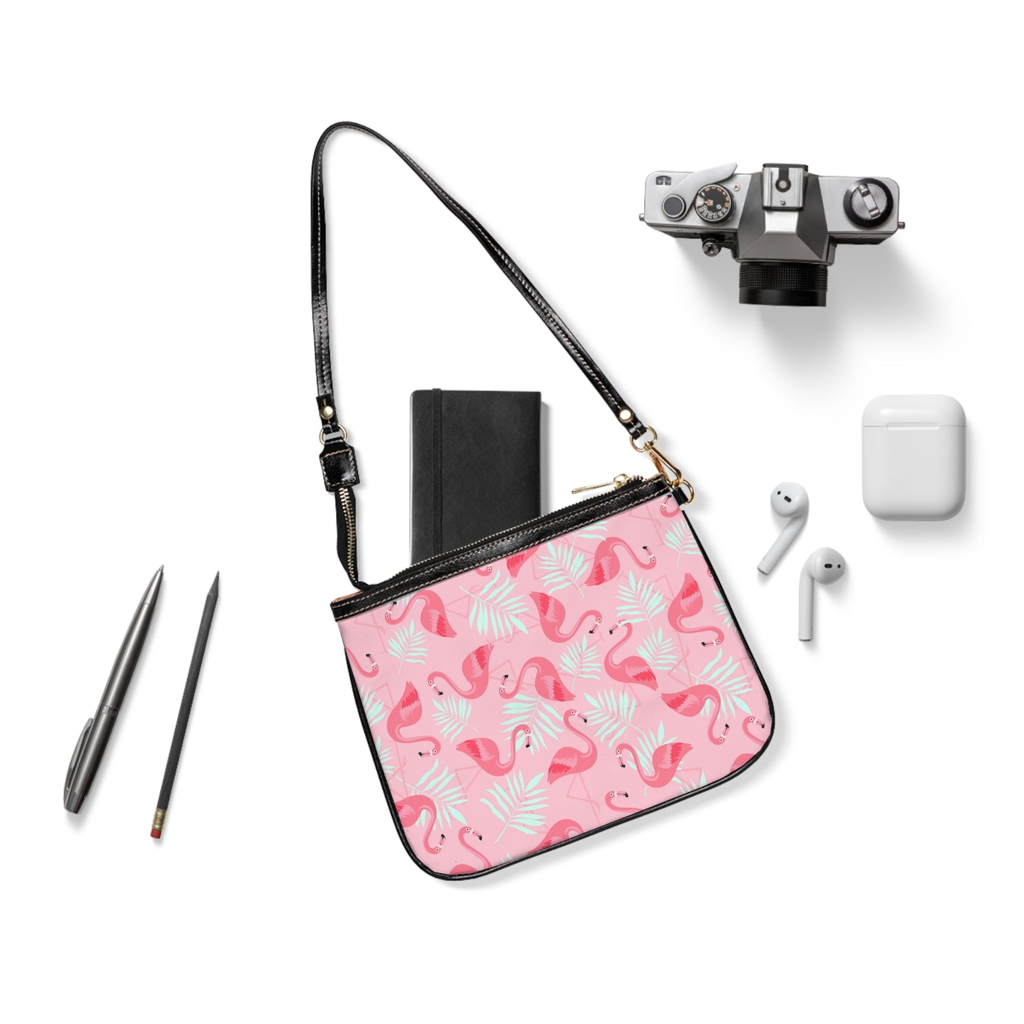 Tropical Small Shoulder Bag | Stylish Crossbody Purse / Flamingo and White Palms