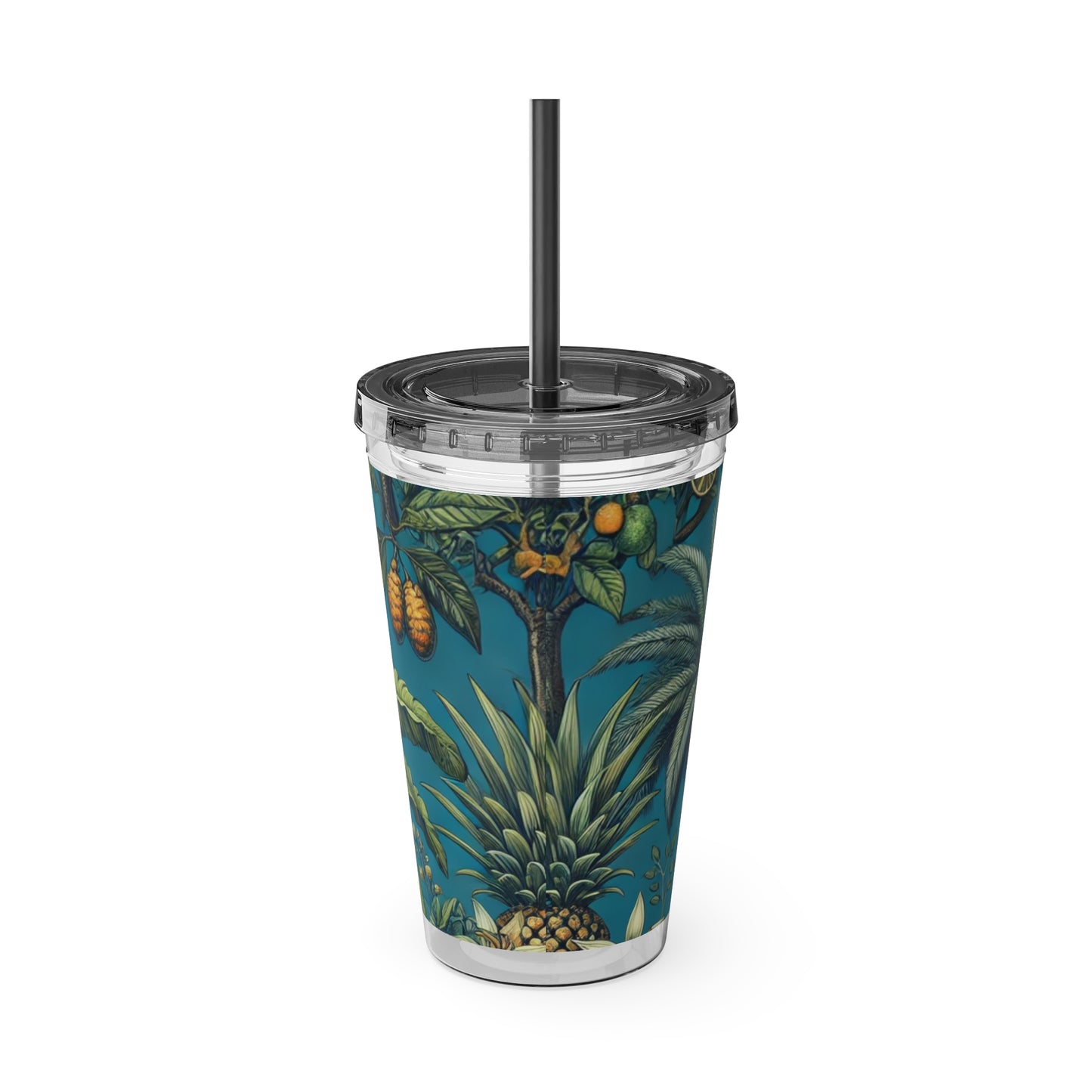 Tropical Tumbler with Straw | 16oz Colorful Travel Cup / Tropical Fruit Blue