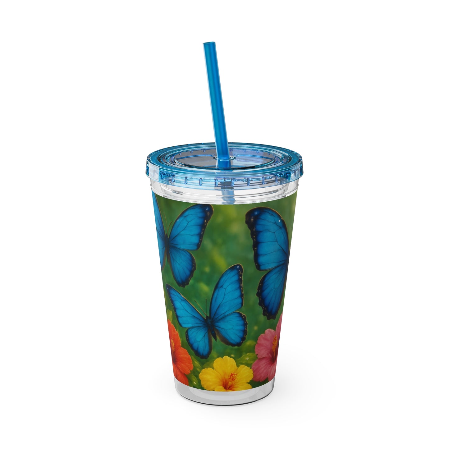 Tropical Tumbler with Straw | 16oz Colorful Travel Cup / Morpho Butterflies Flight