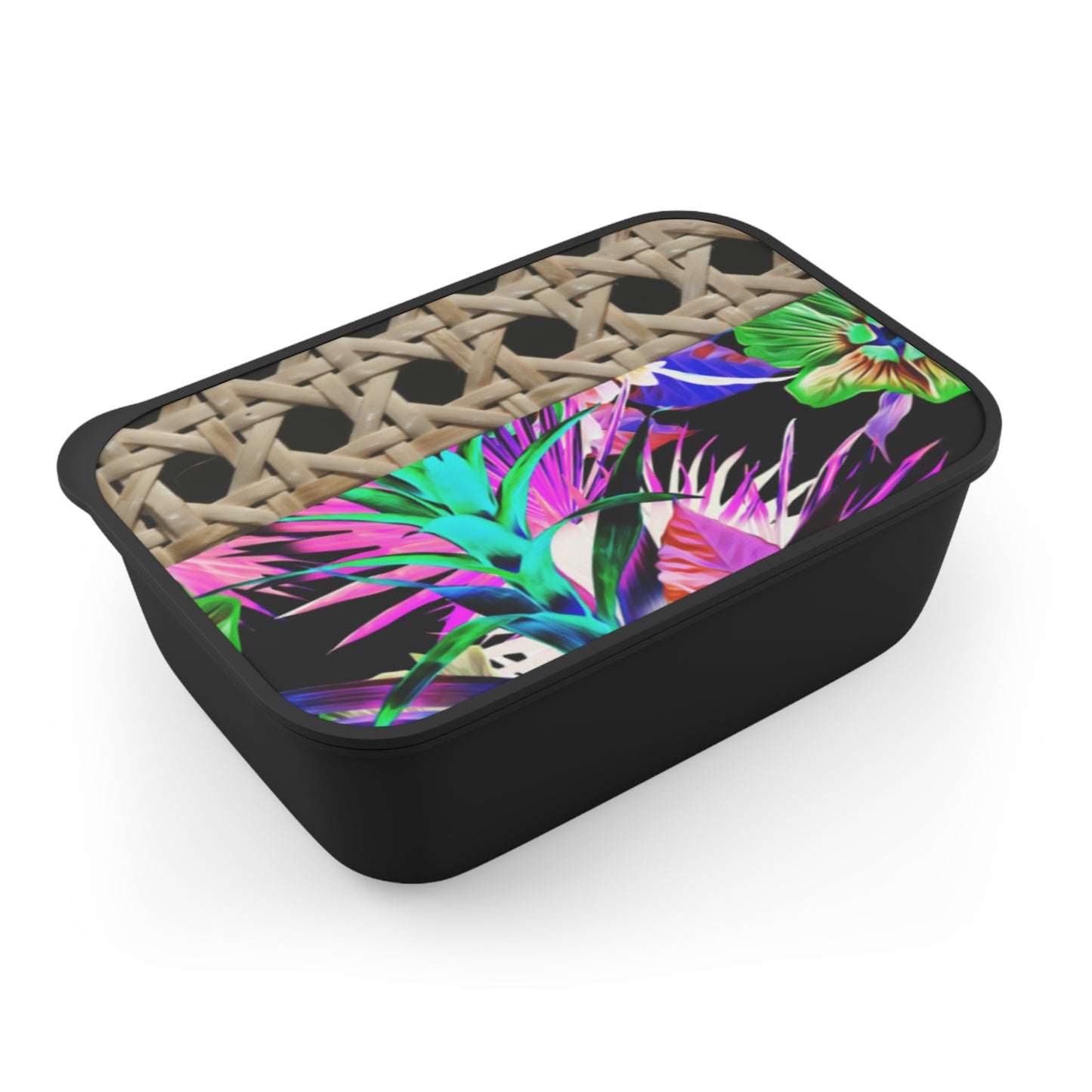 Bento Box with Utensils - Colorful Hawaiian Design, Wicker/Plant Palooza, Black