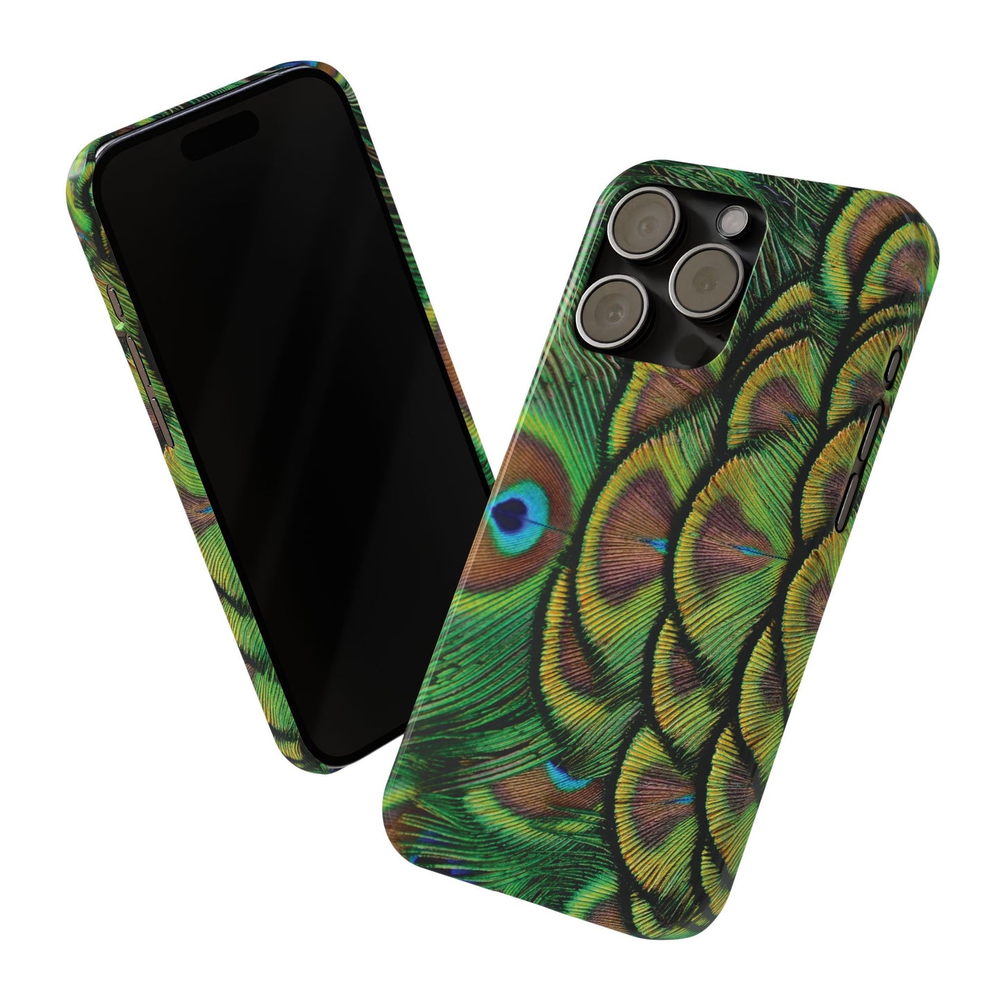 Slim Phone Cases - Brilliant Green Peacock Feathers