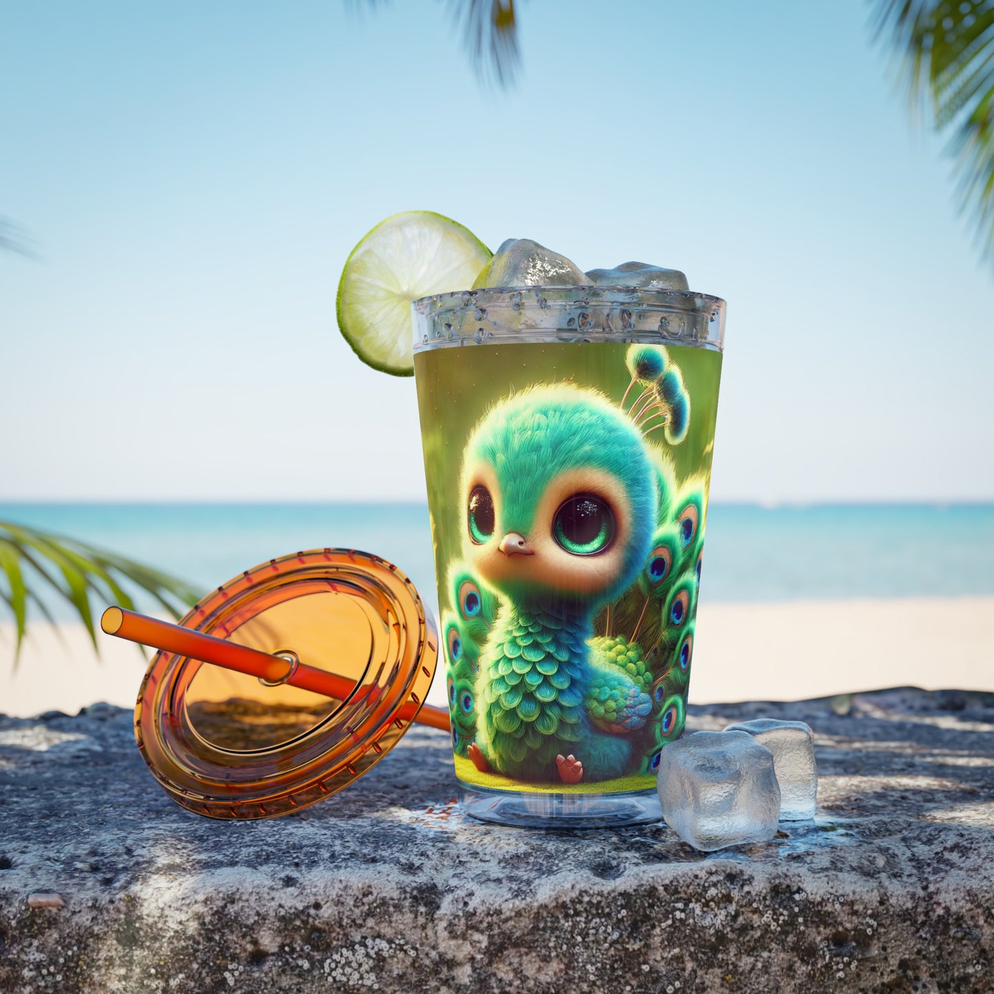 Tropical Tumbler with Straw | 16oz Colorful Travel Cup / Baby Peacock