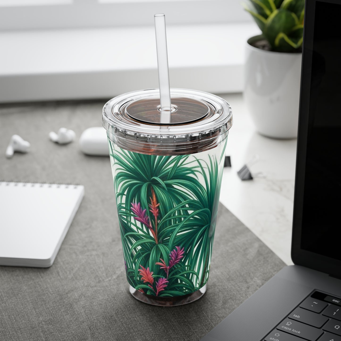 Tropical Tumbler with Straw | 16oz Colorful Travel Cup / Tiny Palm Island