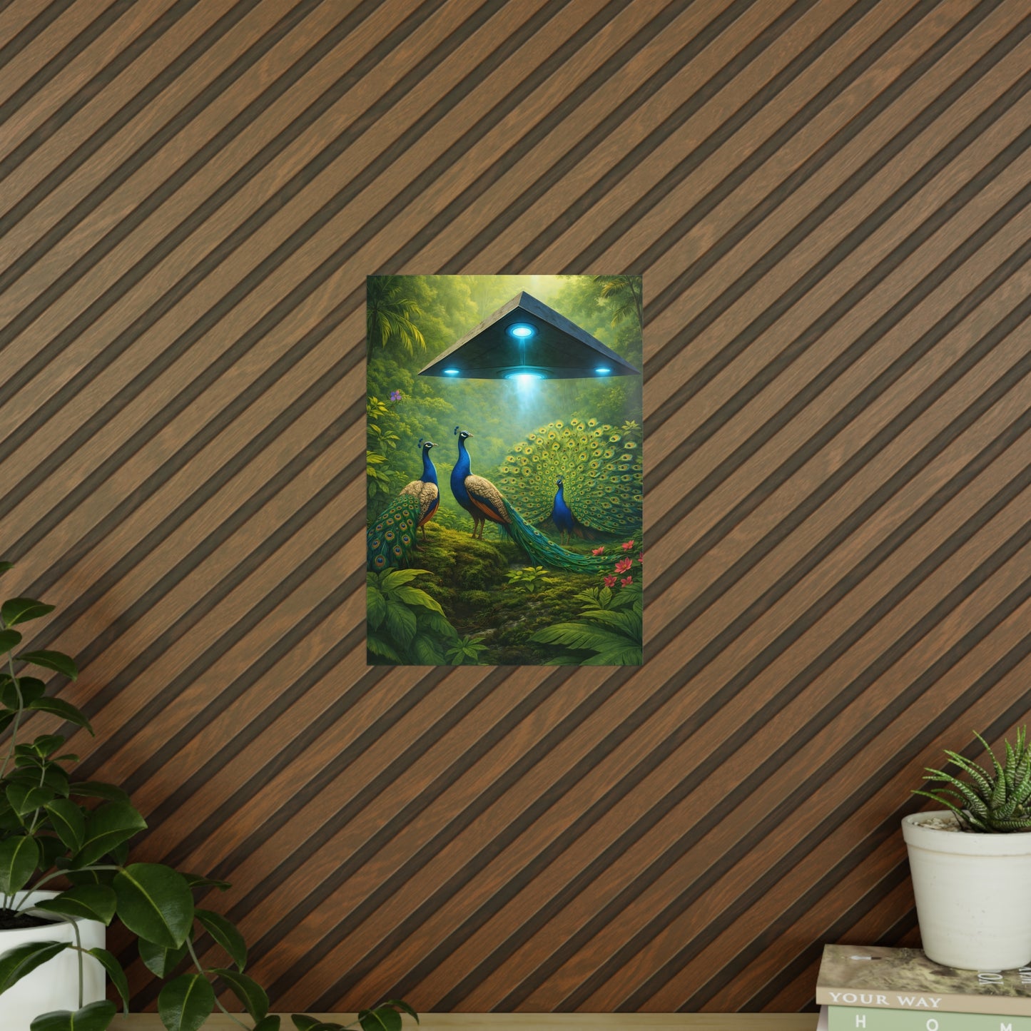 Photopaper Poster — UFO & Peacocks Sci‑Fi Wall Art