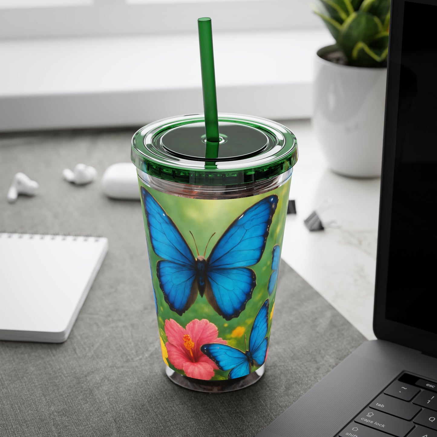 Tropical Tumbler with Straw | 16oz Colorful Travel Cup / Morpho Butterflies Flight