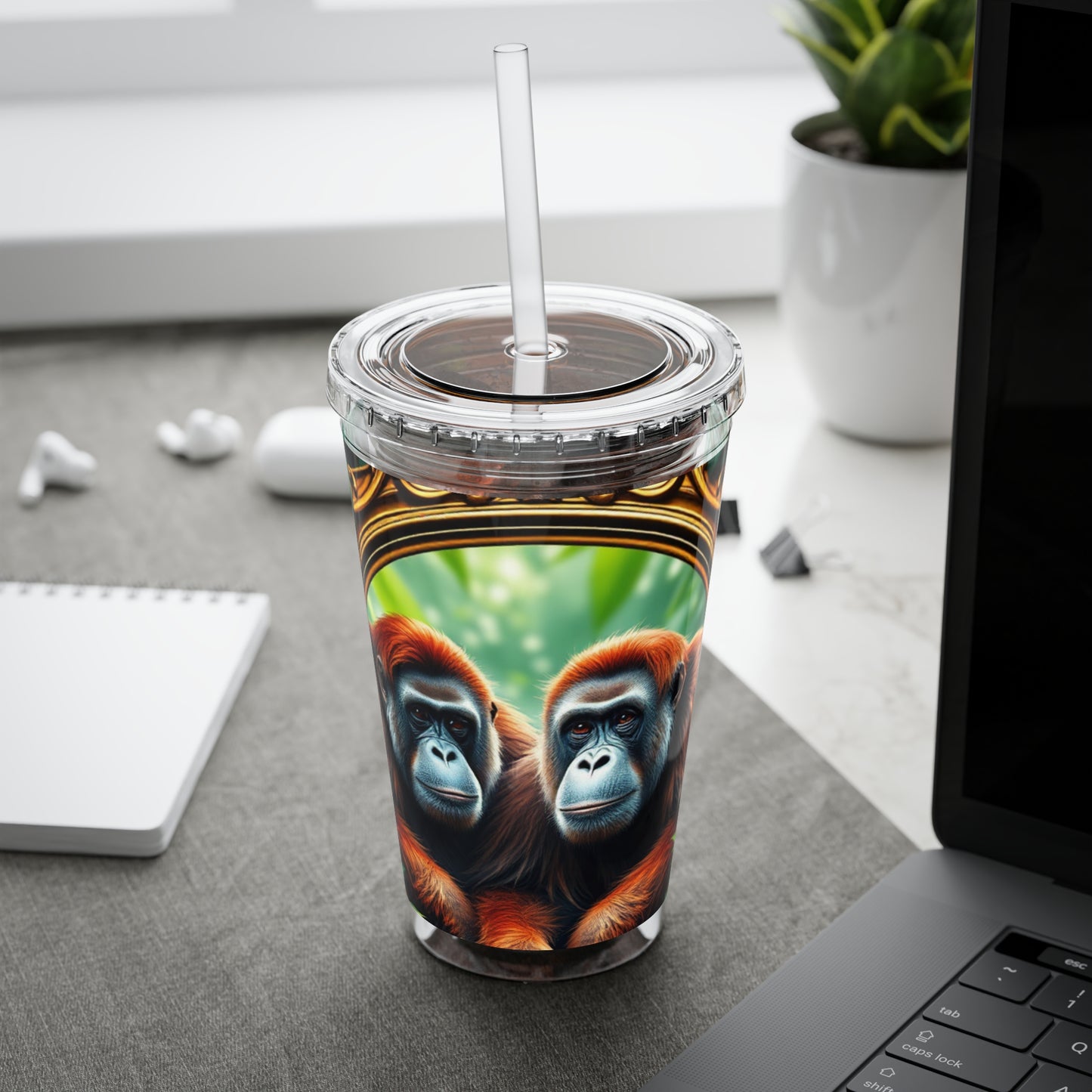 Tropical Tumbler with Straw | 16oz Colorful Travel Cup / Framed Orangutan Apes