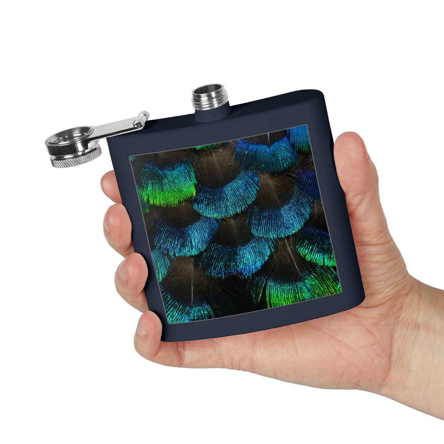 Tropical Stainless Steel 6 oz. Flask, Many Colors  – Real Eyelash Blue/Green Peacock Feathers