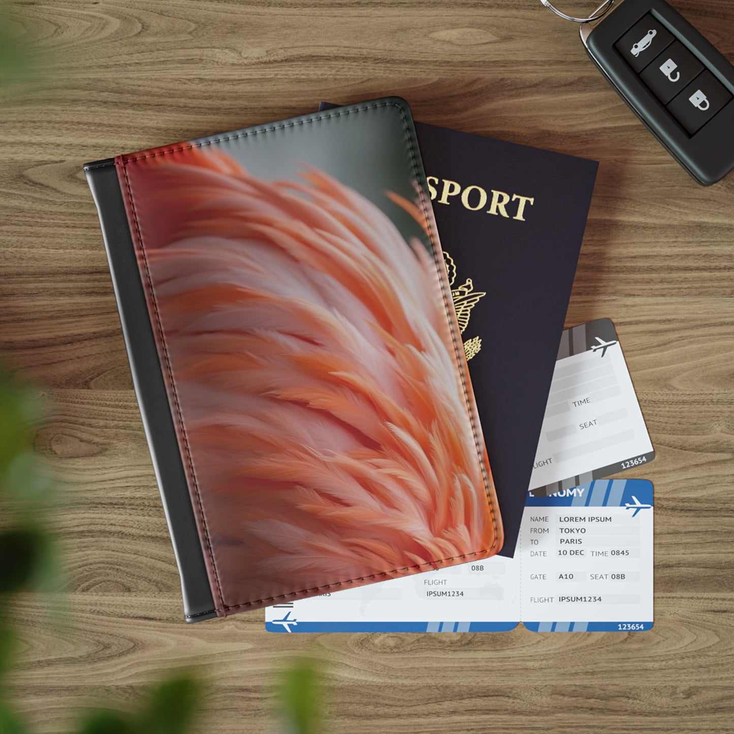 Tropical Passport Cover, Faux Leather - RFID blocking for travel security / Flamingo Feathers