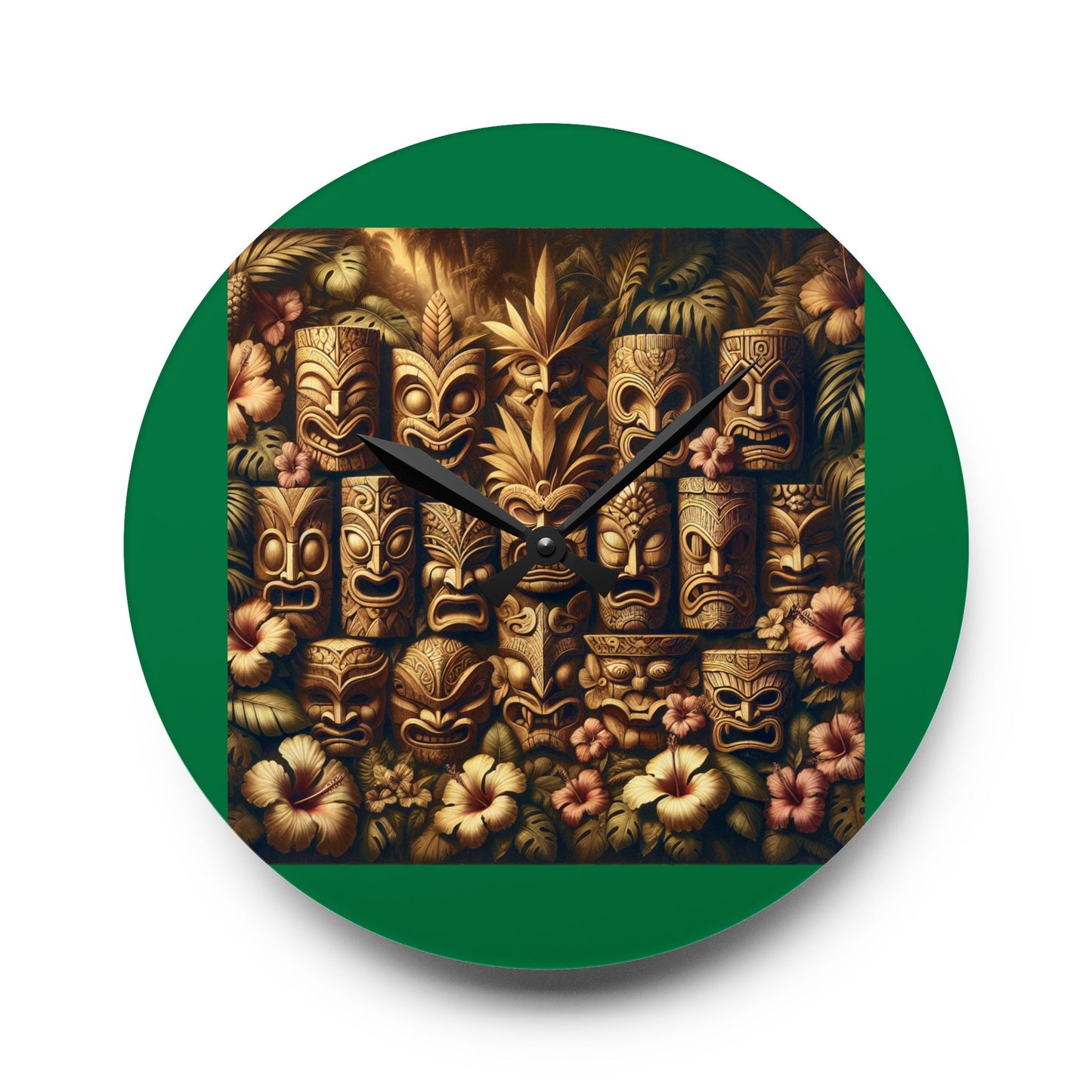 Acrylic Wall Clock / Tiki Totem Faces, Green