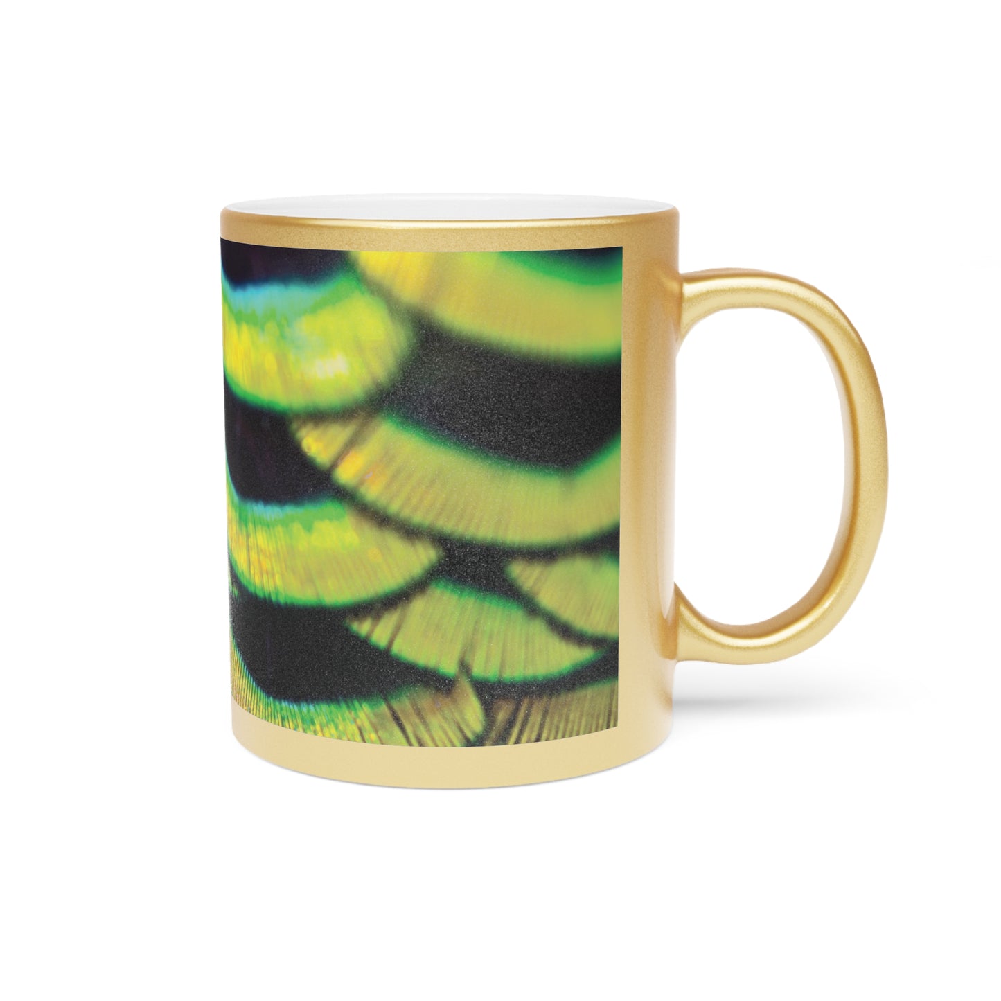 Colorful Flower Metallic Mug, Gold or Silver - Yellow Peacock Feathers