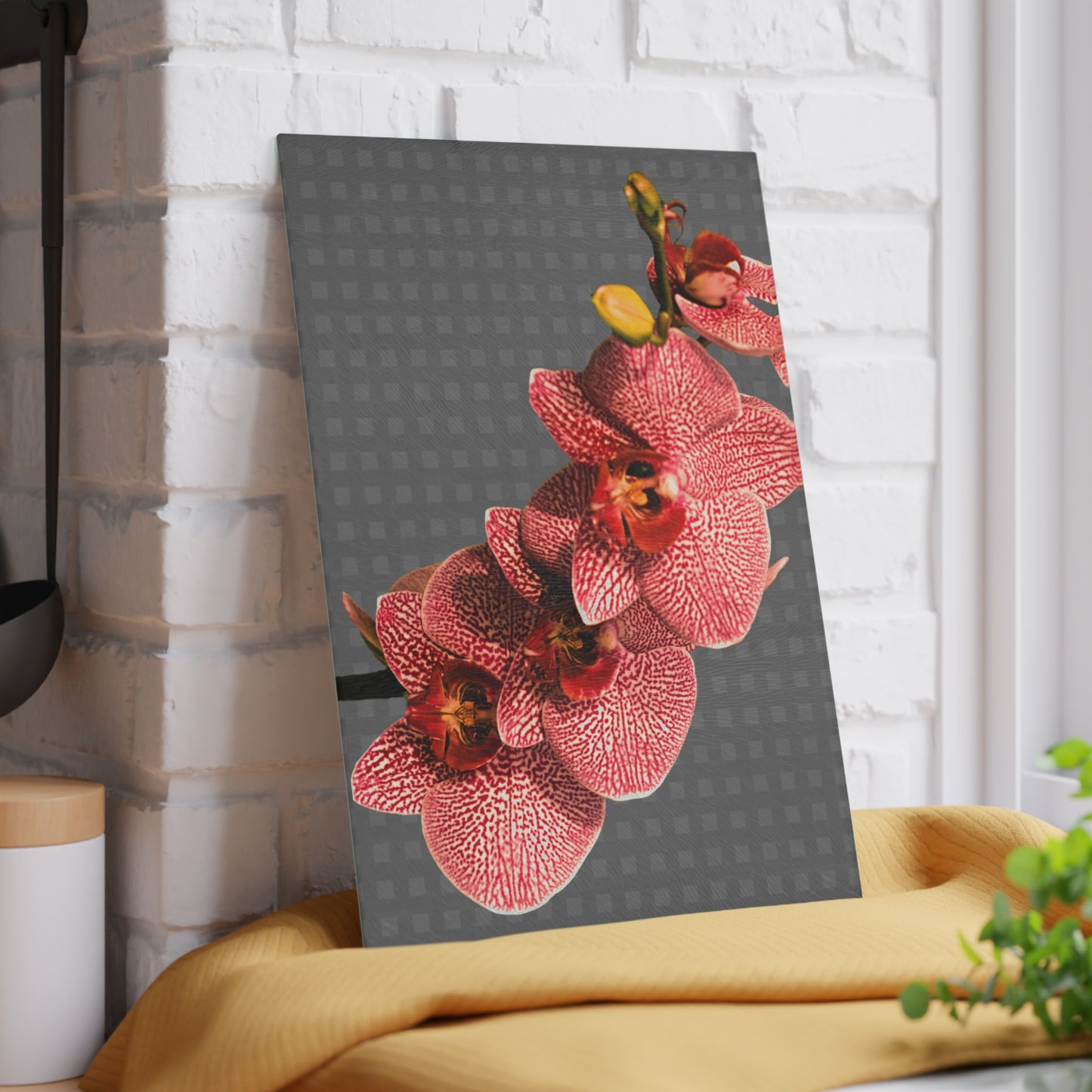 Glass Cutting Board, 2 sizes - Red Orchid, Grey Wicker