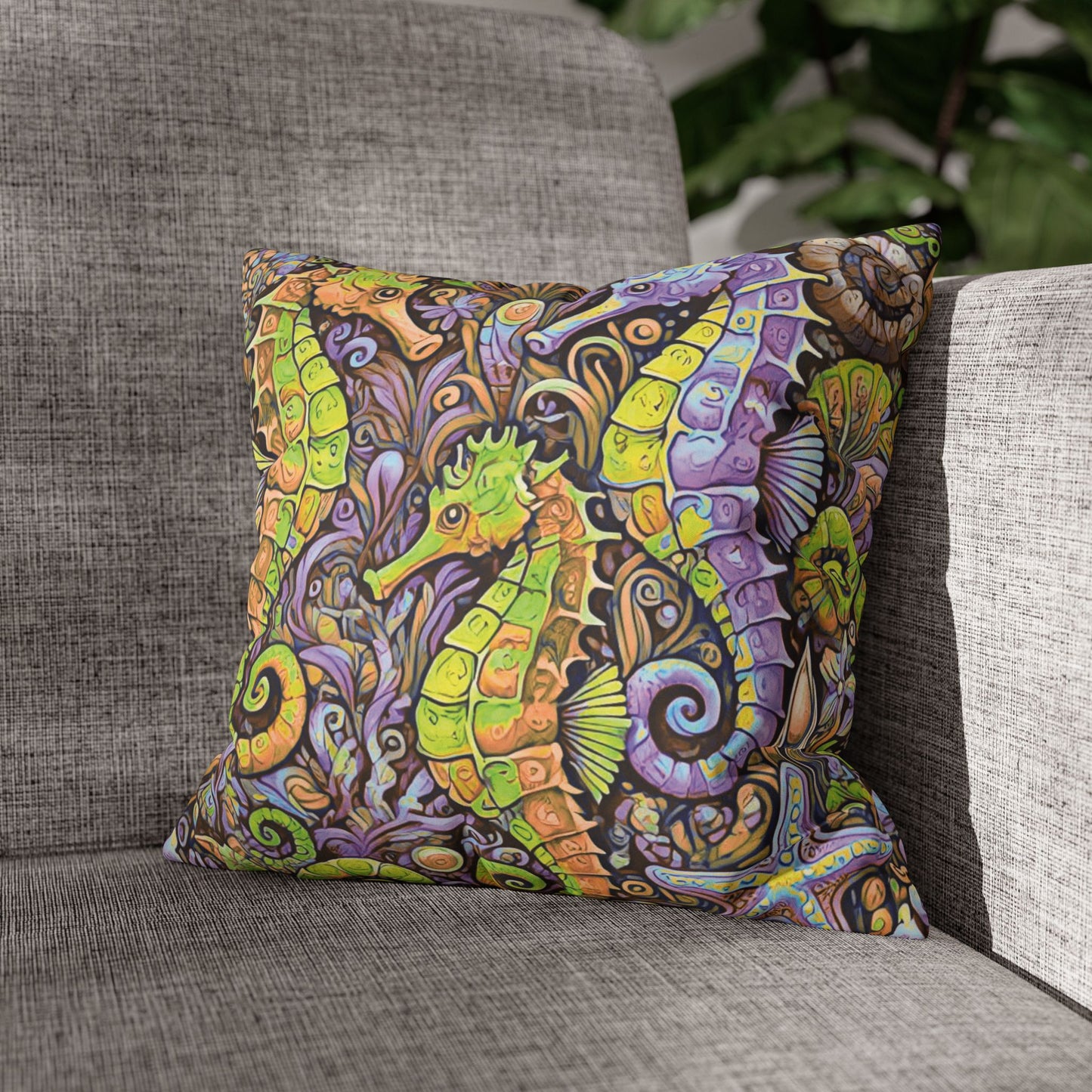 Faux Suede Square Pillowcase - Seahorse Trio, Purple