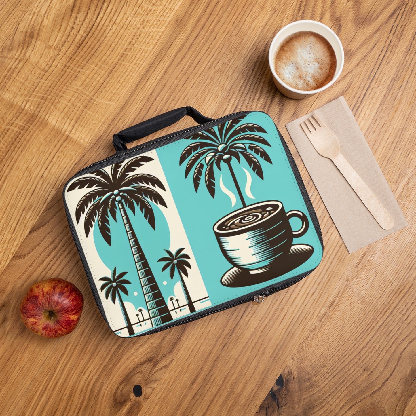Palms and Coffee Lunch Bag - Eco-Friendly Insulated Tote, Adult and Child Lunchbox / Perfect for Picnics, Beach Outings