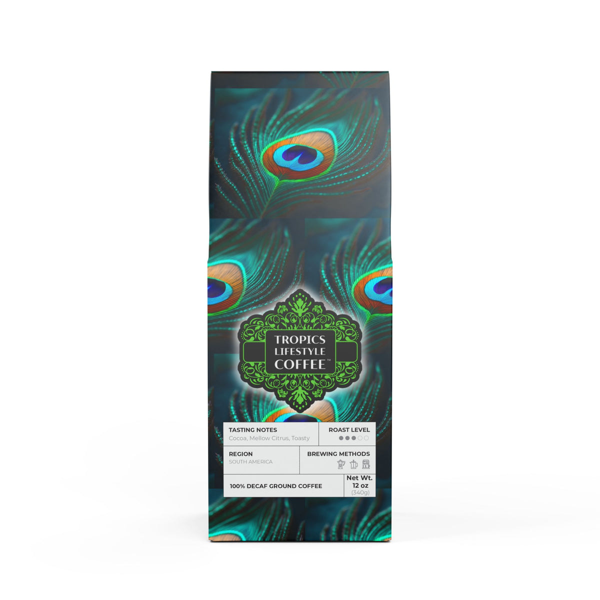 Rainforest Mist™ Single Origin DECAF (Medium Roast), Specialty Grade Craft Coffee / Peacock Eye Feather, Green