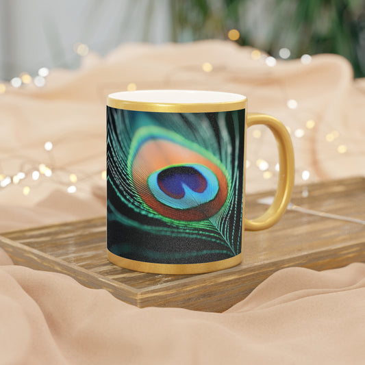 Tropical Metallic Mug, Gold or Silver: Peacock Eye Feather