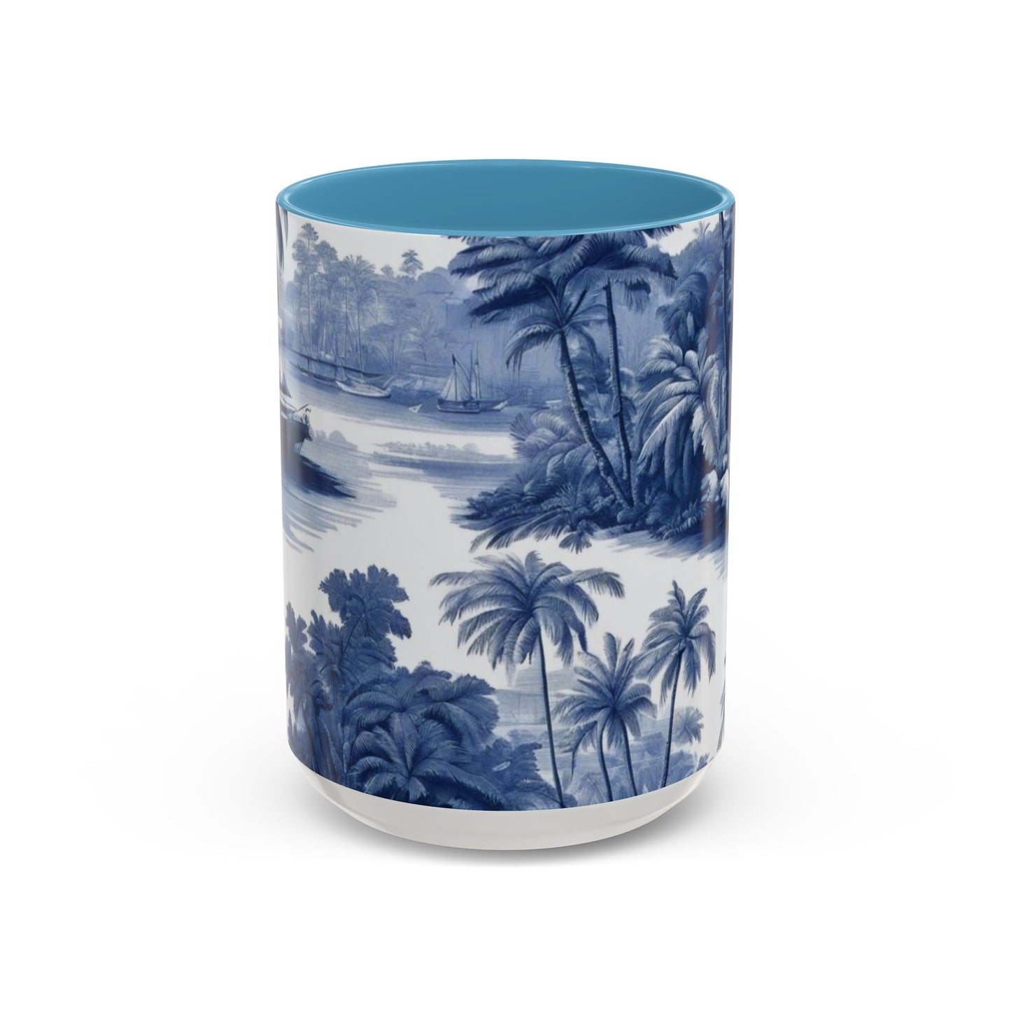 Accent Coffee Mug (11, 15oz), 8 Colors - Tropical Toile Blue/White