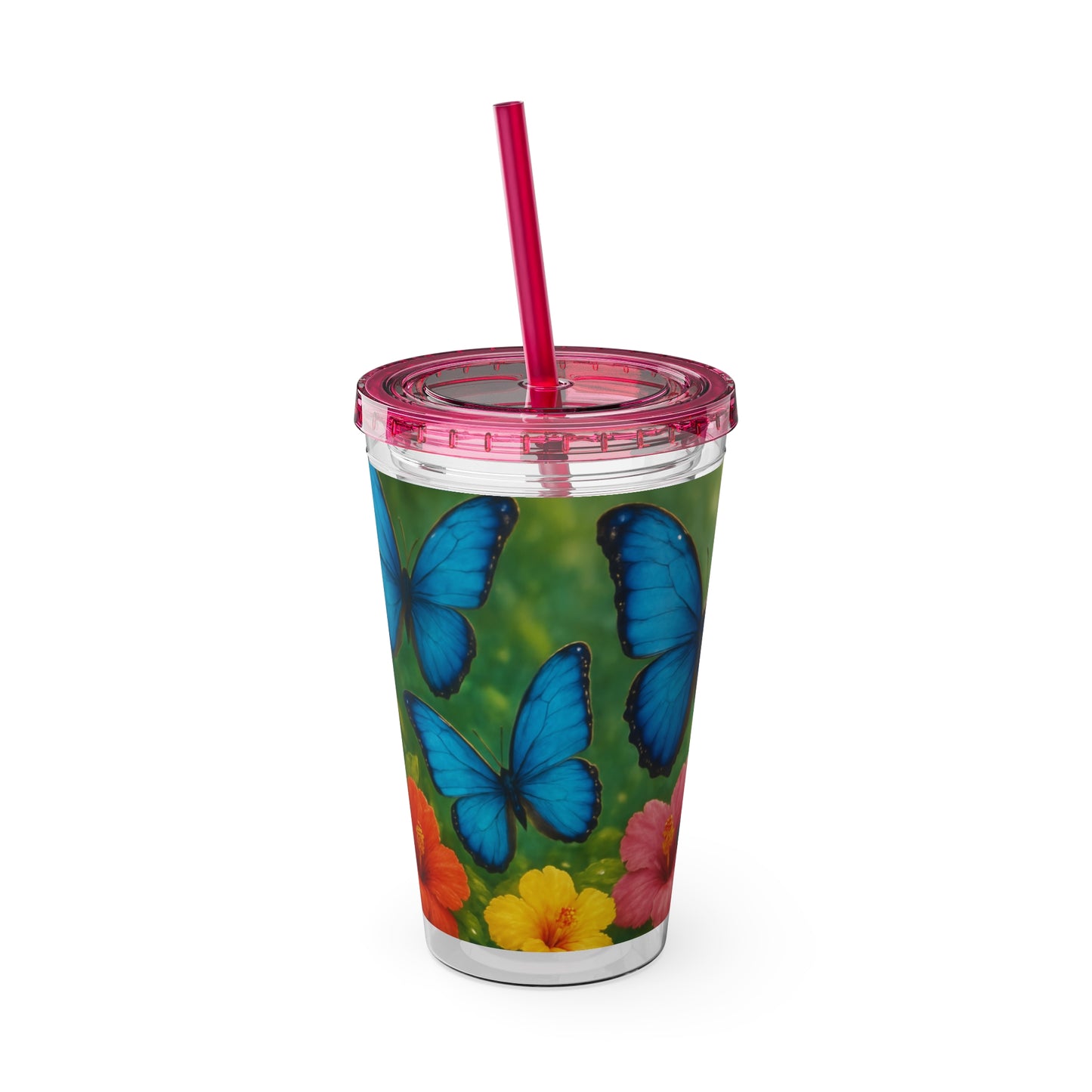 Tropical Tumbler with Straw | 16oz Colorful Travel Cup / Morpho Butterflies Flight