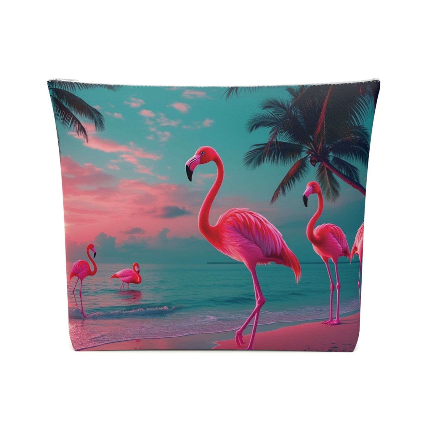 Tropical Cotton Cosmetic Bag, Makeup Pouch, 5 Sizes / Neon Flamingos at Night