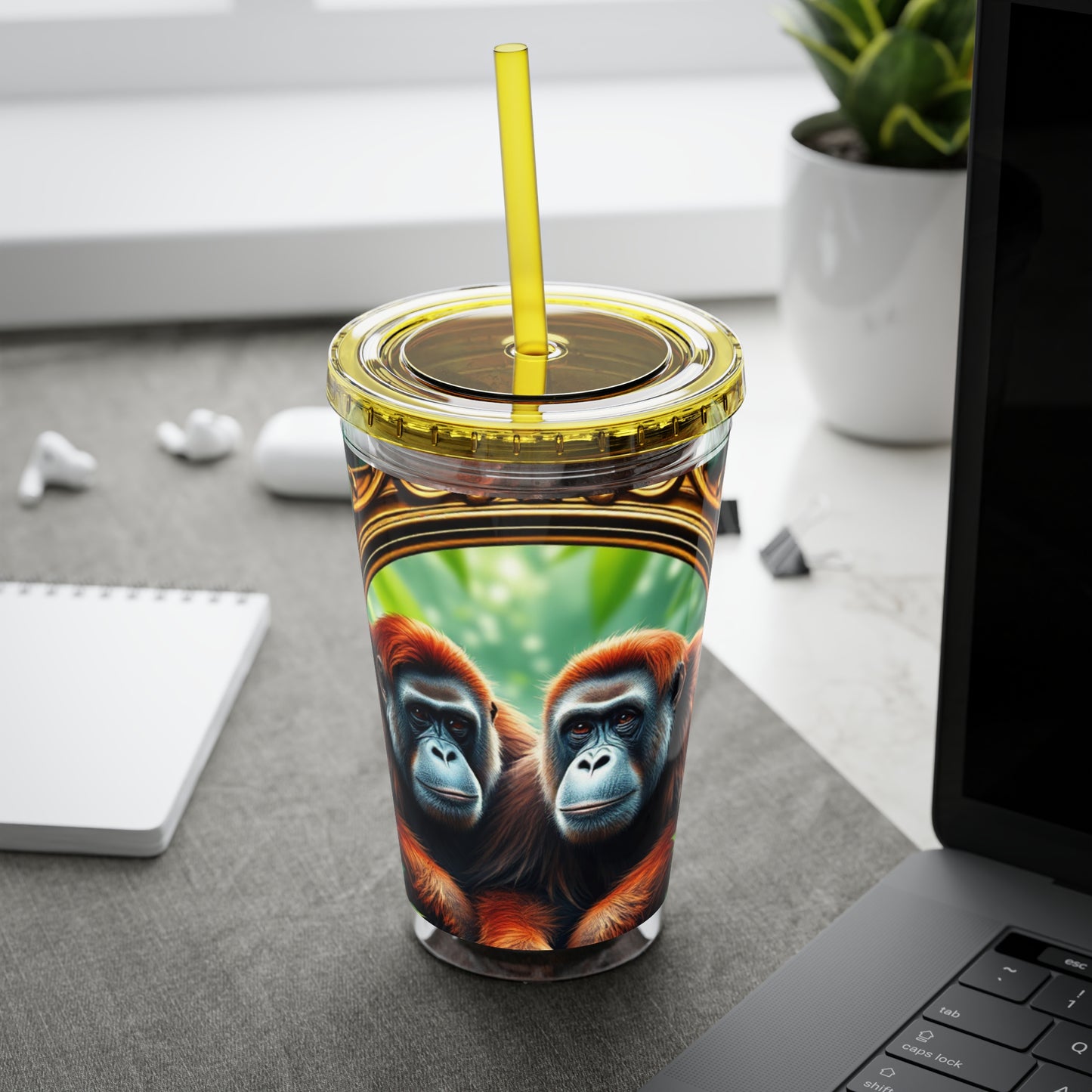 Tropical Tumbler with Straw | 16oz Colorful Travel Cup / Framed Orangutan Apes