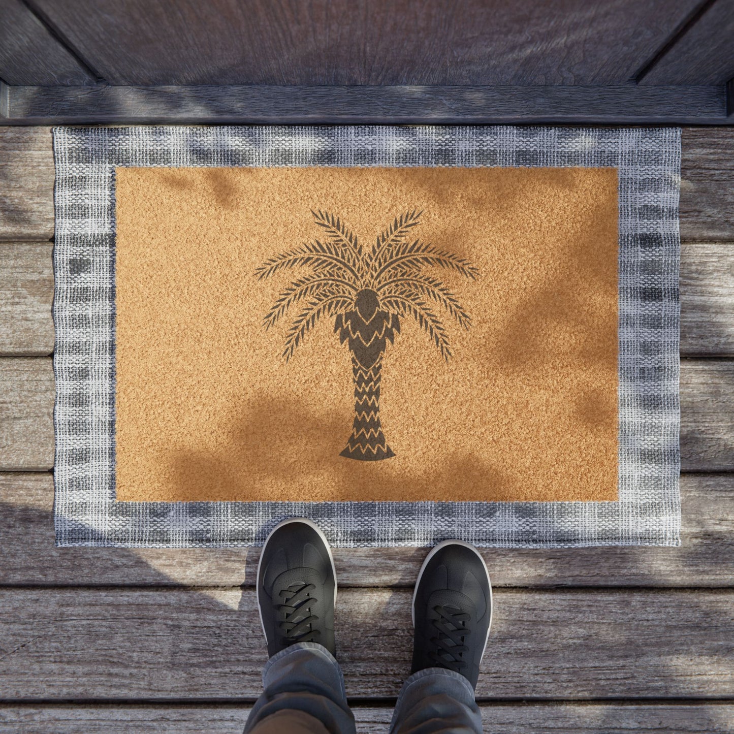 Tropical Beach Doormat / Vibrant Coconut Fiber Entrance Mat / Stylized Palm