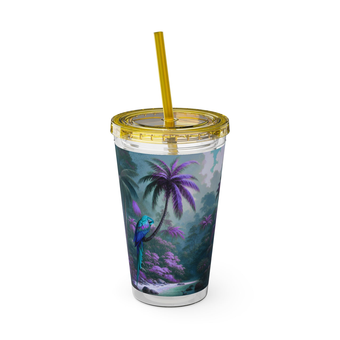 Tropical Tumbler with Straw | 16oz Colorful Travel Cup / Sleeping Parrot/Fantasy