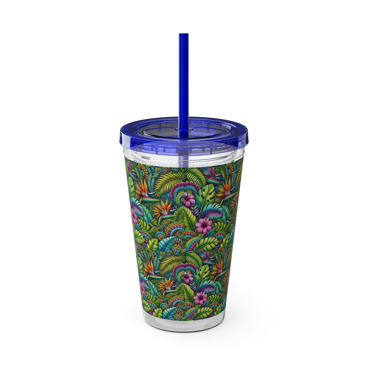 Tropical Tumbler with Straw | 16oz Colorful Travel Cup / Rainforest Blooms