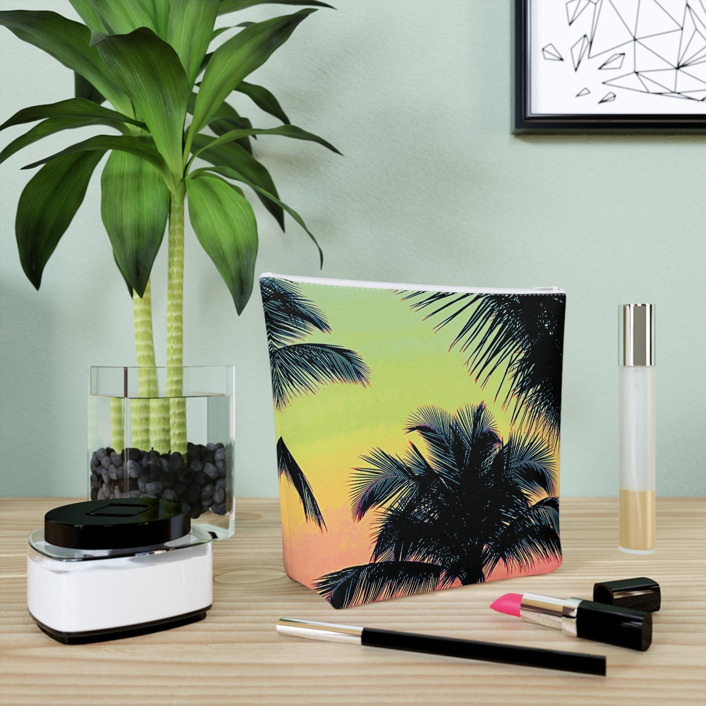 Tropical Cotton Cosmetic Bag, Makeup Pouch, 5 Sizes / Palm Glow, Sangria