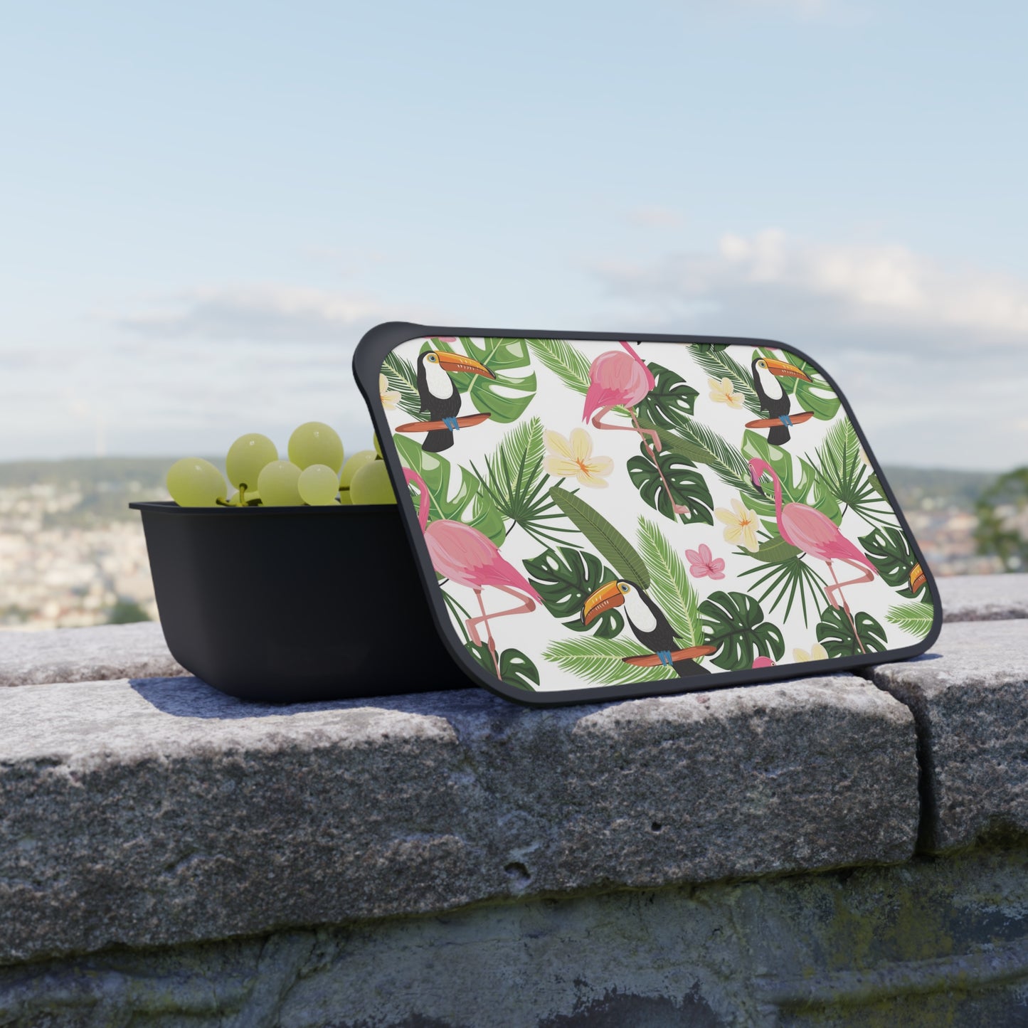 Bento Box with Utensils - Flamingos With Tropical Birds in Rainforest