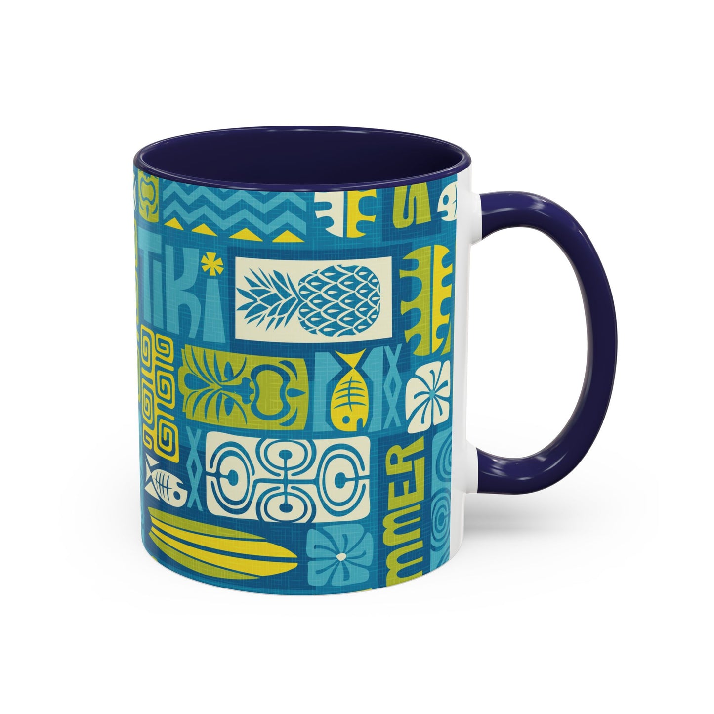 Accent Coffee Mug (11, 15oz), 8 Colors - Tiki Poster Blue