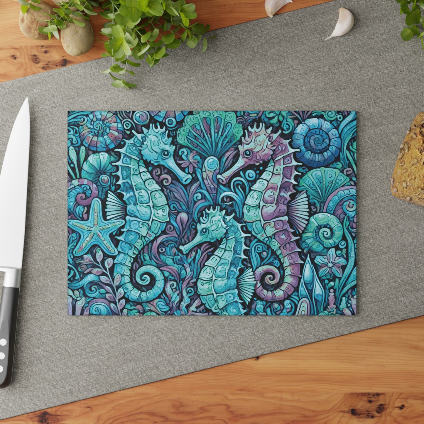 Glass Cutting Board, 2 sizes - Seahorses/Turquoise