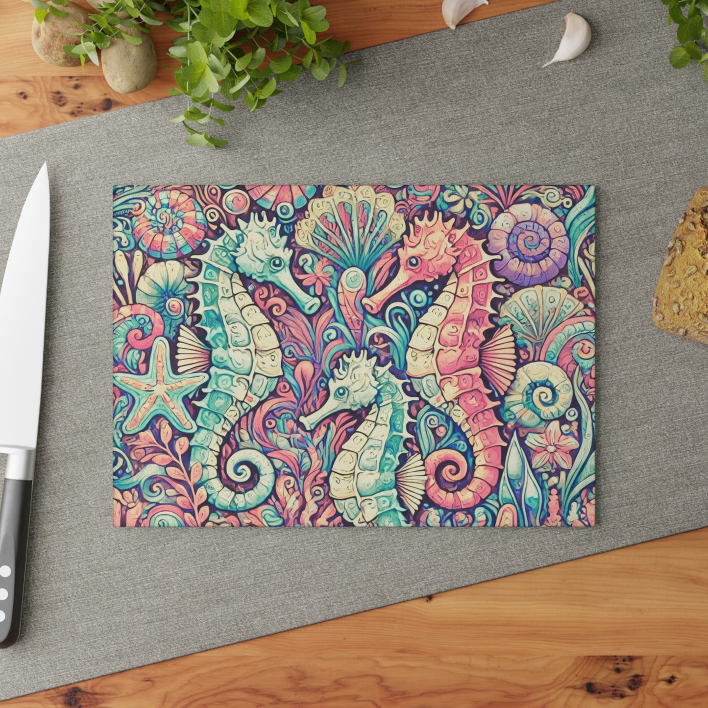Glass Cutting Board, 2 sizes - Seahorses Retro