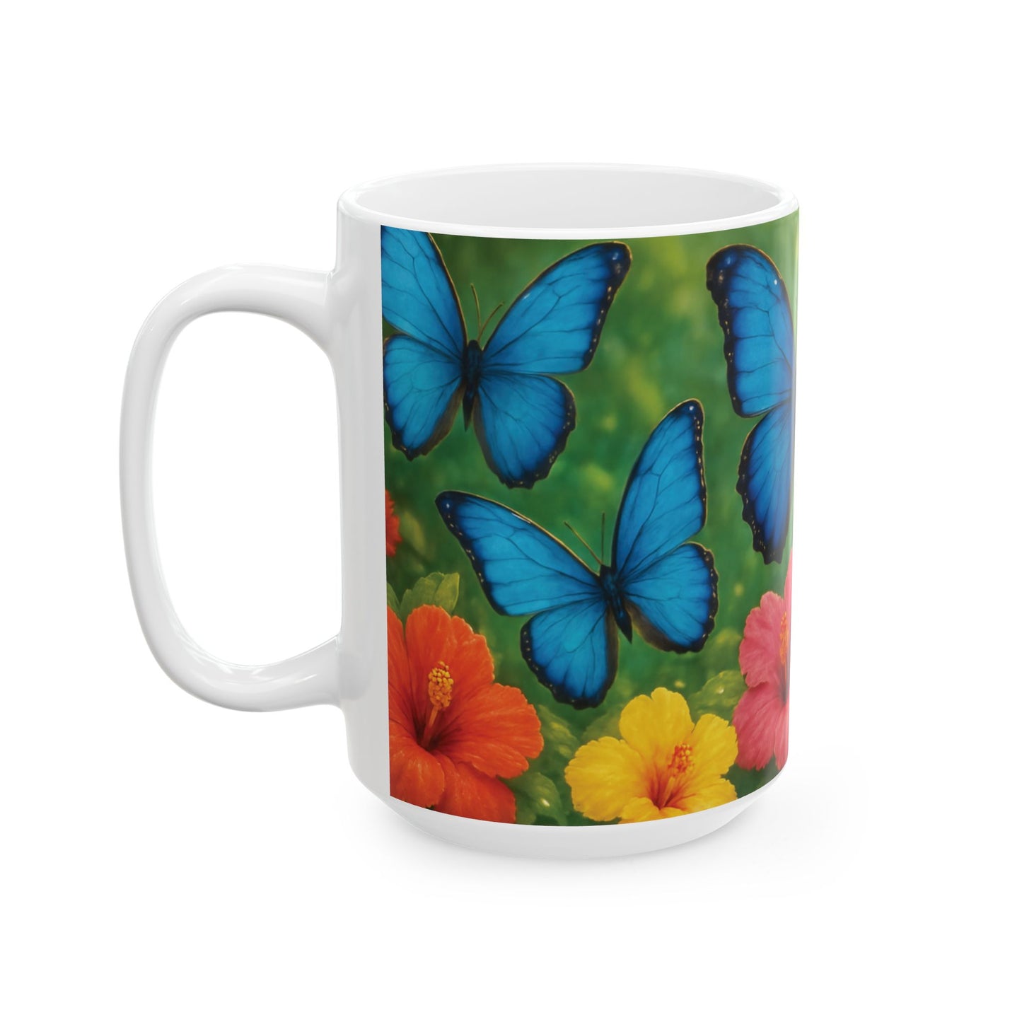 Ceramic White Mug - 11oz & 15oz,  Morpho Butterflies Flight
