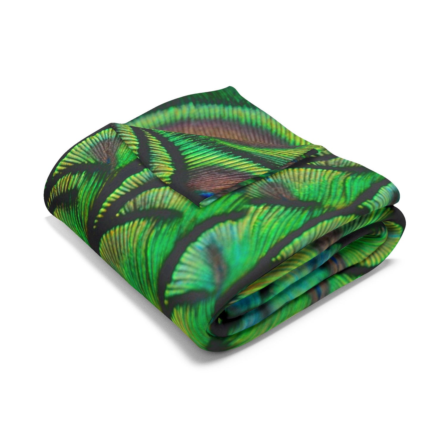 Green Peacock Feathers Fleece Blanket - Colorful Tropical Design, 3 Sizes