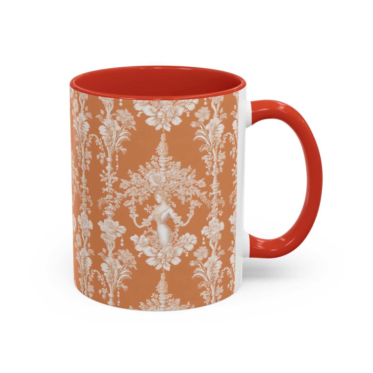 Accent Coffee Mug (11, 15oz), Pearl Lady Toile/Melon Repeat, Various Colors