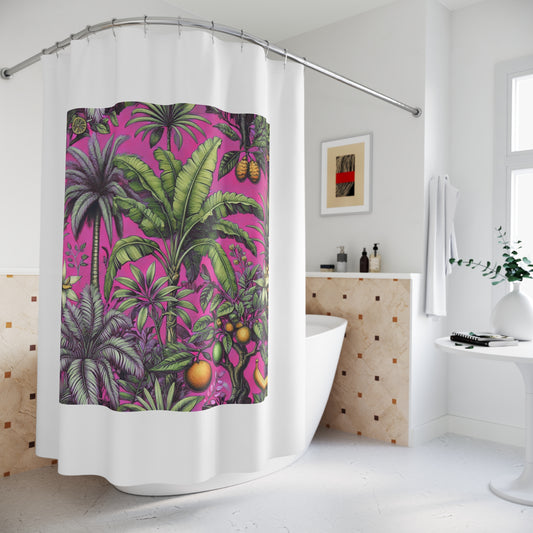 Palm Tree Shower Curtain - Ocean Bathroom Decor / Tropical Fruit/Hot Pink, White